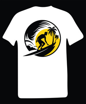 Summer surfing and tropical island vector art illustration typography graphic for black and white color t-shirt