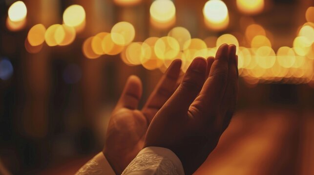 Close-up of hands raised in prayer during a peaceful Ramadan evening, with soft lighting emphasizing devotion