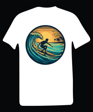 Summer surfing and tropical island vector art illustration typography graphic for black and white color t-shirt