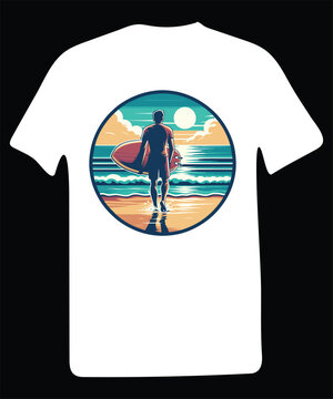 Summer surfing and tropical island vector art illustration typography graphic for black and white color t-shirt