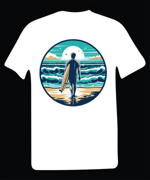 Summer surfing and tropical island vector art illustration typography graphic for black and white color t-shirt