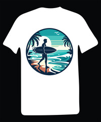 Summer surfing and tropical island vector art illustration typography graphic for black and white color t-shirt