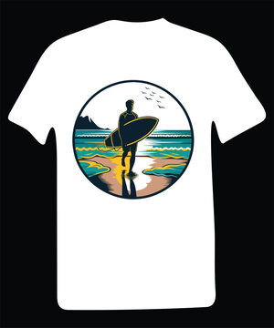 Summer surfing and tropical island vector art illustration typography graphic for black and white color t-shirt