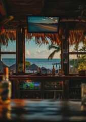Wall Mural - a symmetrical shot of the point of view of sitting at a tiki bar with a tv mounted on the wall, two windows on either side of the tv with a view of the beach 
