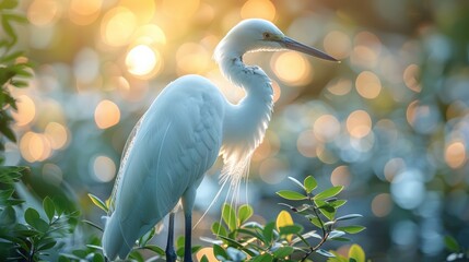 An illustration of an animal, a white heron, that has a yellow beak, two long legs, and two beautiful white wings, standing beside a plant pot during a fireworks celebration at night.