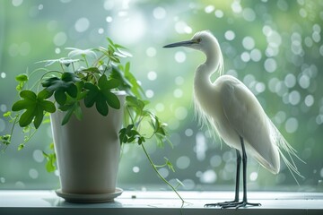 Wall Mural - An illustration of an animal, a white heron, that has a yellow beak, two long legs, and two beautiful white wings, standing beside a plant pot during a fireworks celebration at night.