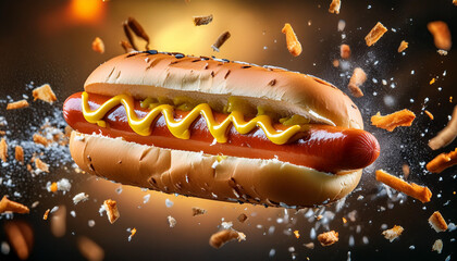 Wall Mural - floating hot dog with ingredients, mustard splash
