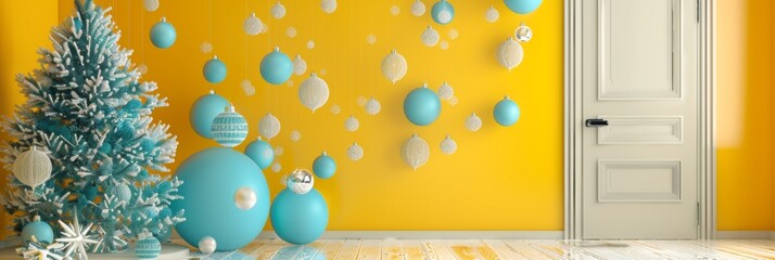 Poster - Christmas Celebration with Fun Abstract Design: Blue and White Ornaments Floating in Minimalist Yellow Background, Geometric Shapes, Bright Atmosphere
