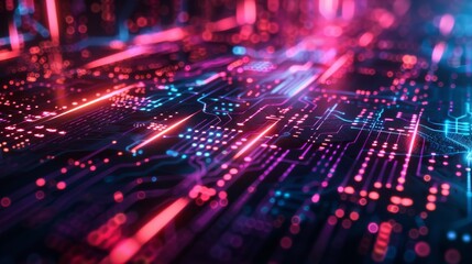 A computer chip with a red and blue background