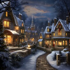 Winter village at night with snow covered houses and trees, illustration.