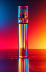 Poster - A bottle shot with colorful illumination against a gradient background, highlighting product design, light reflections, beauty.  Generative AI