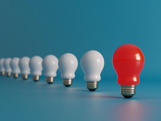 Poster - line of white lightbulbs with one red lightbulb standing out on a blue background. concept of indivi
