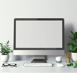 Poster - Modern desktop computer monitor with empty screen and keyboard on white desk
