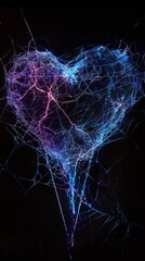 Fototapete - Glowing heart shape with electric lines and connections on dark background, digital art. Futuristic and technology concept