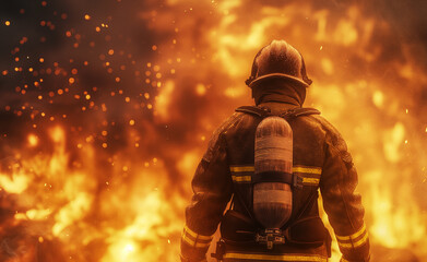 Wall Mural - A firefighter in full gear standing amidst intense flames and smoke.