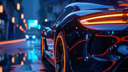 Focused image of a sleek car exterior focusing on the emblem and neon design details