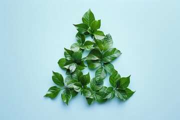 Poster - Festive Green Leaves Arranged in Christmas Tree Shape on Pastel Blue Background - Seasonal Holiday Concept