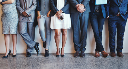 Poster - Legs, business people and waiting room for recruitment, interview or hr opportunity. Employee group, candidates and row in office for hiring, human resources and corporate job search on tech together