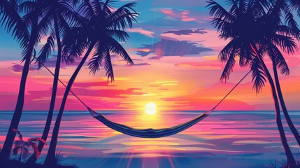 Serene tropical beach sunset with a hammock between palm trees, vibrant colors painting the sky and reflecting on calm ocean waters.