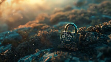 Canvas Print - A padlock embedded in a digital landscape, representing secure account protection