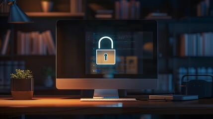 Wall Mural - A padlock hovering above a computer screen, symbolizing encryption and secure login