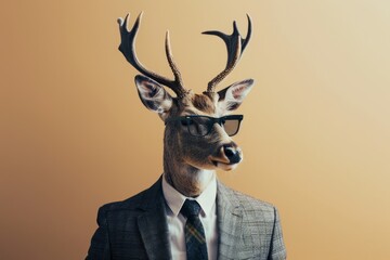 A deer wearing a suit and sunglasses is a surreal and eye-catching image.