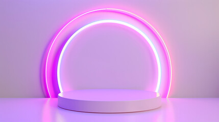 3d rendering empty podium background with rainbow light for product presentation, mockup design template. minimal purple pastel scene, studio room. abstract geometric platform pedestal showcase on wal