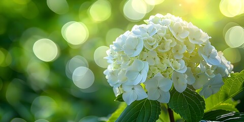 Wall Mural - White hydrangea flower with blurred background space for text. Concept white hydrangea, flower photography, blurred background, space for text, floral design