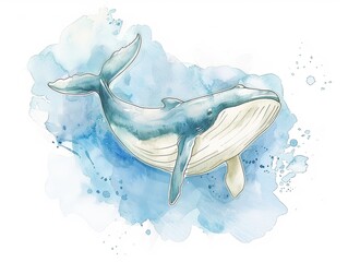 Watercolor illustration of a whale isolated on a white background. The marine mammal is drawn in a realistic style. Illustration for cover, card, postcard, interior design, decor or print.