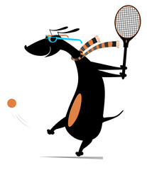 Wall Mural - Cartoon dog playing tennis. 
Cartoon dog in sunglasses with a tennis racket beats a ball. Isolated on white background
