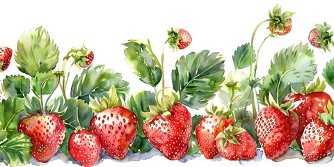 Wall Mural - Watercolor border with ripe strawberries leaves on white background for card. Concept Watercolor Painting, Strawberry Border, White Background, Card Design