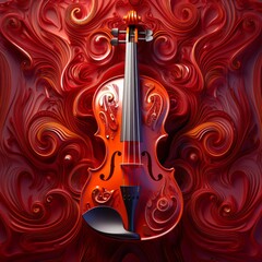 Wall Mural - beautiful red violin on dark red futuristic background, abstract music design with flowing lines