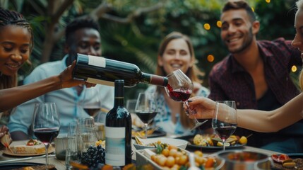 Wall Mural - a group of friends having dinner outdoors and drinking wine. A vacation with friends