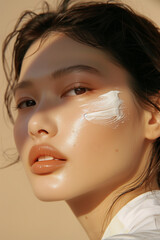 Wall Mural - Beauty asian female woman close up detail skin care posing hydrating nourishing cream smear serum on face, sunshine shadows, beige background, cosmetics theme. 