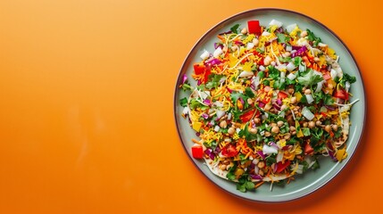 A image of a colorful plate of chaat snacks on a bright orange background, ideal for street food promotions.