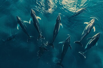 Wall Mural - humpback whales swimming, aerial view