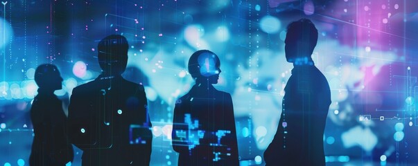 Silhouettes of business professionals standing against a digital background with abstract blue and purple lights, communicating futuristic concepts.