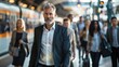 © Tanakorn - Confident businessman walking through a busy train station, surrounded by commuters during rush hour.