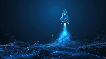 Digital rocket ship launching in a blue abstract technology background, symbolizing innovation and progress.