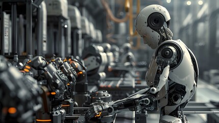 A humanoid robot working in an advanced factory setting, highlighting automation and the future of manufacturing.