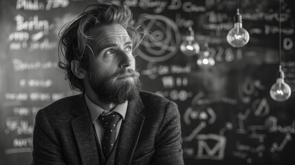 A thoughtful man with a beard and suit stands in front of a chalkboard filled with equations and diagrams, illuminated by hanging light bulbs