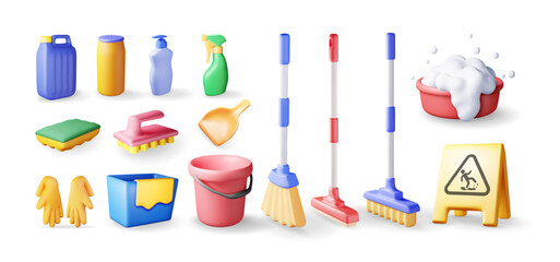 Leinwandbilder - 3D set of home cleaning tools isolated. Render collection of accessories for washing dishes and house cleaning. Bottle of detergent, sponge, soap gloves. Bucket, mop broom dustpan. Vector illustration