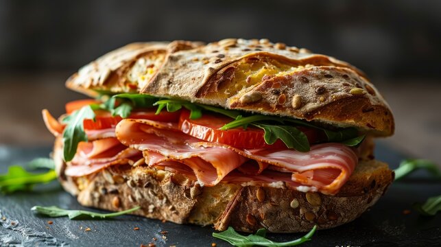 delicious sandwich with ham, melted cheese and spicy herbs, cooking school, simple recipe, healthy food, bright appetizing colors