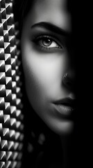 Wall Mural - photorealistic black and white photography editorial style white walls brunette model highly detailed stunning skin texture environment. global illumination, Sharp