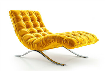 Wall Mural - Vibrant yellow velvet chaise longue chair with chrome legs isolated on solid white background.