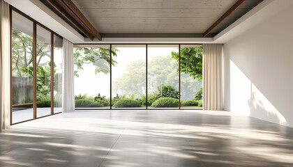 Poster - 3d Render Of Modern Contemporary Empty Hall With Sliding Door Opening To Nature View, Concrete Floors, Plank Ceilings, And Blank White Walls.