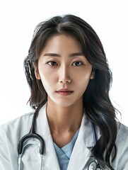 Poster - Realistic photograph of a beautiful korean female doctor , solid stark white background, focused lighting, generative ai