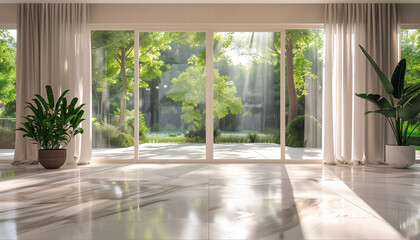 Poster - Stunning 3d Render Of A Modern Interior Space With A Nature View, Featuring Large Windows Overlooking A Sunlit Garden.