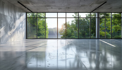 Poster - Polished Concrete Loft Style Interior With Large Windows And Nature Views: A Modern 3d Render Empty Space Design.