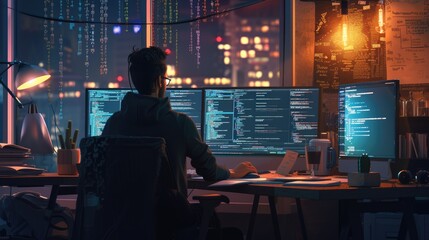 Fototapete - attractive professional software developer coding program or engineering prompt. skilled programmer 